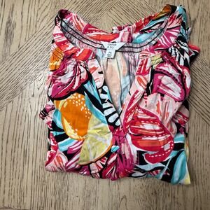 Crown & Ivy Women's PS Tropical Fruit Leaf Print V Neck Smocked Blouse Top